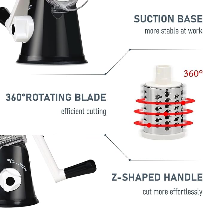 KEOUKE Rotary Cheese Grater Hand Crank Black - Shredder Slicer Grinder 3 Stainless Steel Blades, Stable Suction, Labor-Saving Handle, Safe Kitchen Tool for Cheese, Vegetable, Nuts, Chocolate