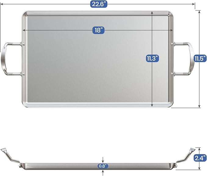 Stainless Steel Double Griddle for Gas or Electric Double Burner Cooktop, 18'' x 11.5'' Non-Stick Stove Top Flat Griddle Grill Pan Skillet for Indoor Medium or Low Heat Dual Burner Stove