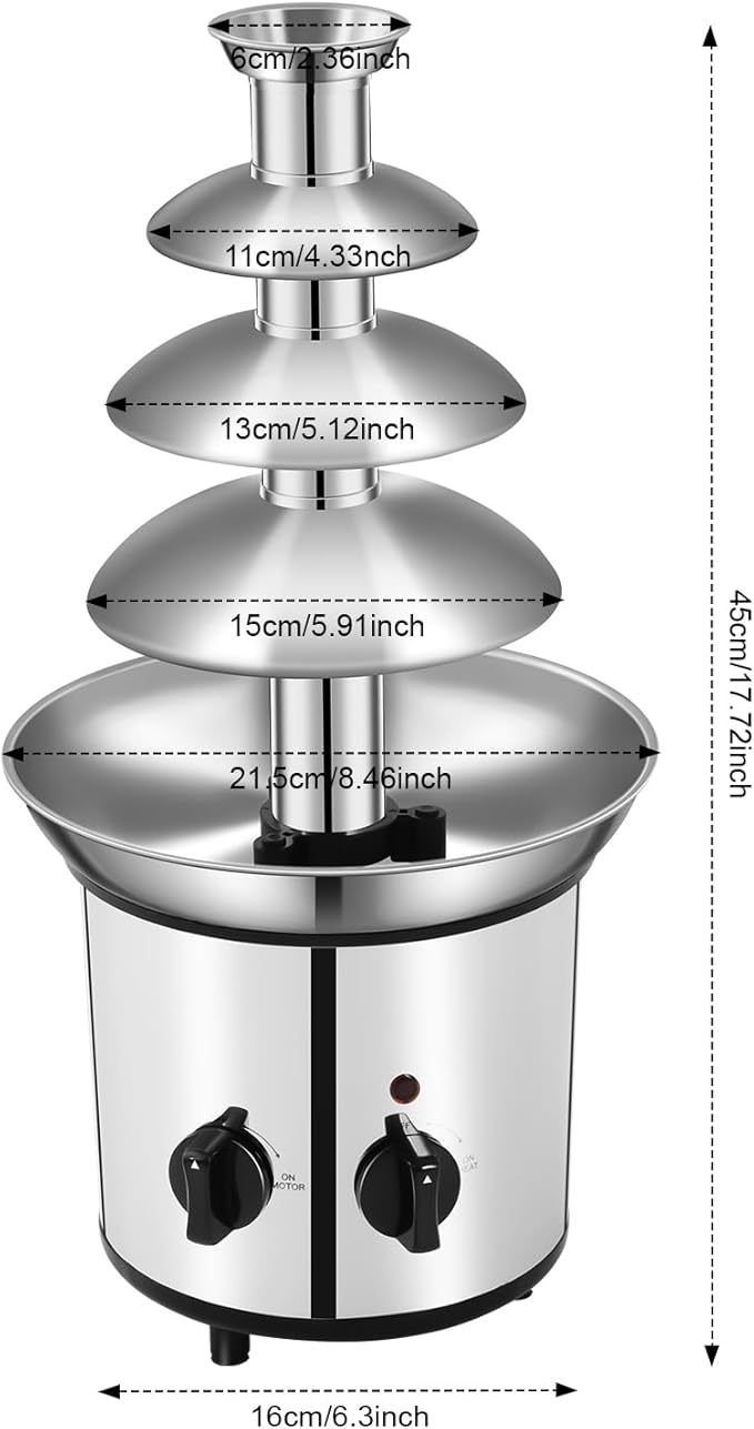 4 Tier Chocolate Fondue，430 Stainless Steel Chocolate Fountain Machine, Electric Chocolate Melting Fondue Fountain Set, Chocolate Fountain Machine for Chocolate Candy Butter Cheese
