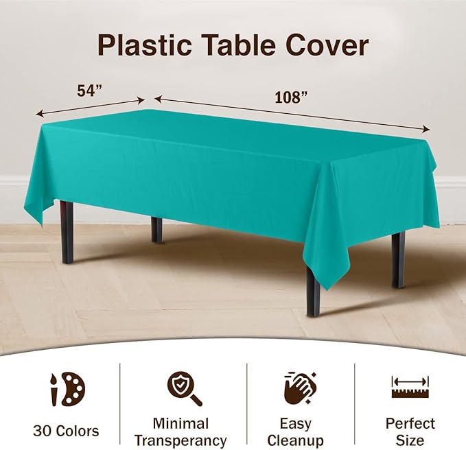 Exquisite Party Solids 12-Pack Premium Plastic Tablecloth 54in. x 108in. Rectangle Table Cover - Teal