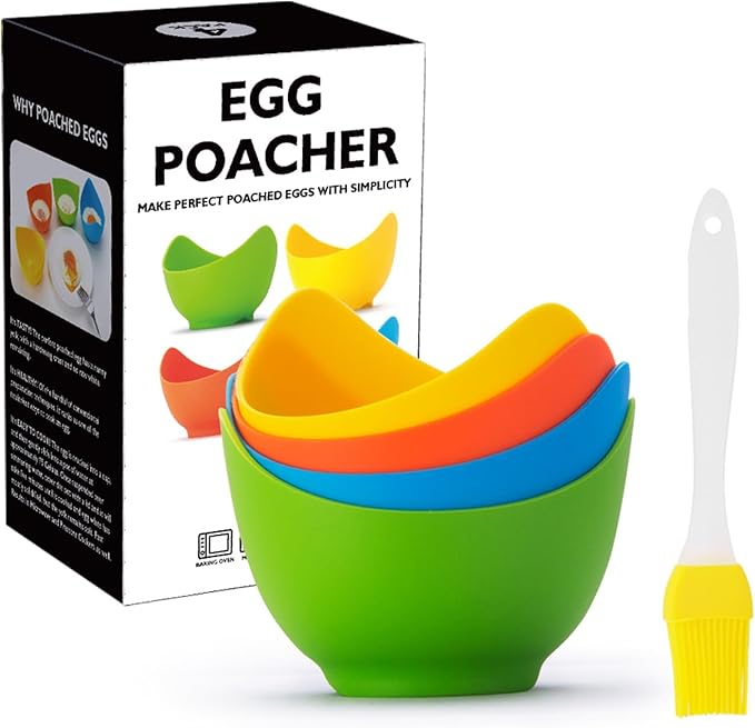 4pcs Silicone Egg Poacher Cups with BONUS Oil Brush, Nonstick Egg Poaching Cups for Air Fryer, Baking oven or Stovetop Egg Cooking, BPA Free.