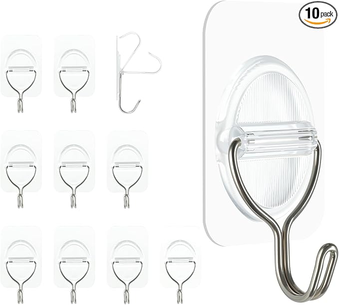 Adhesive Wall Hooks No Damage, Stick On Hooks for Hanging 10 Pack - Transparent Stainless Steel 5KG Heavy Duty, Waterproof Removable (3.5x5.3cm) Kitchen Bathroom Office, Ganchos para Pared