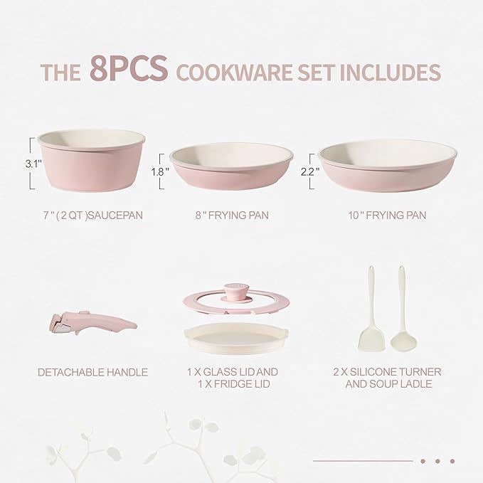 8PCS Ceramic Cookware,Nonstick Ceramic Pan, Removable Handle Pots and Pans Set, Stackable Pan Set, Nonstick Pots and Pans Set Non Stick pot(Pink)