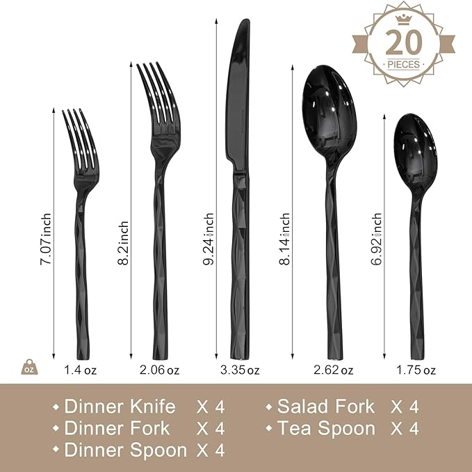 KINGSTONE Black Silverware Set, Luxury 20 Piece Flatware Set for 4, 18/10 Stainless Steel Cutlery Set with Diamond Cut Pattern for Kitchen, Home, Wedding, Party, Mirror Polished and Dishwasher Safe