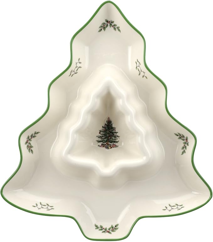 Spode Christmas Tree Chip and Dip Tree-Shaped Dish - 13-Inch Porcelain Holiday Serveware for Appetizers, Chips - Festive Ceramic Tableware - Dishwasher, Microwave, Freezer Safe