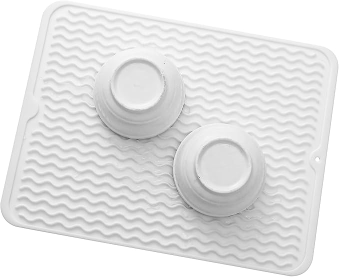Silicone Dish Drying Mat for Multiple Usage,Easy clean,Eco-friendly,Heat-resistant Silicone Mat for Kitchen Counter or Sink,Refrigerator or drawer liner White L 16 inches x 12 inches