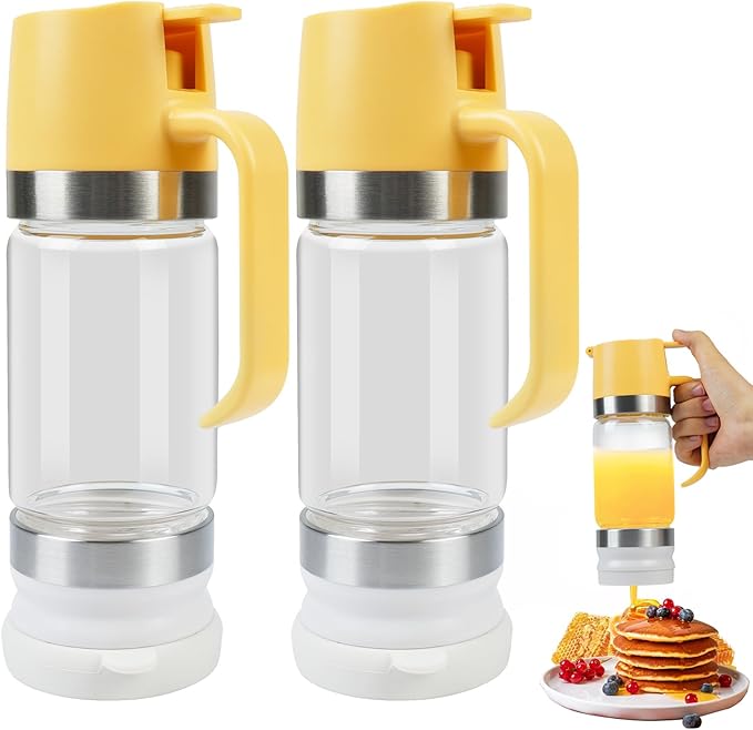 Honey Dispenser No Drip with Stand, 12 OZ Glass Honey Jar, Syrup Dispenser, Easy One Hand Use Honey Pot for Coffee or Tea, Mess Free Honey Dispenser for Syrup, Honey Container (2PCS Yellow)
