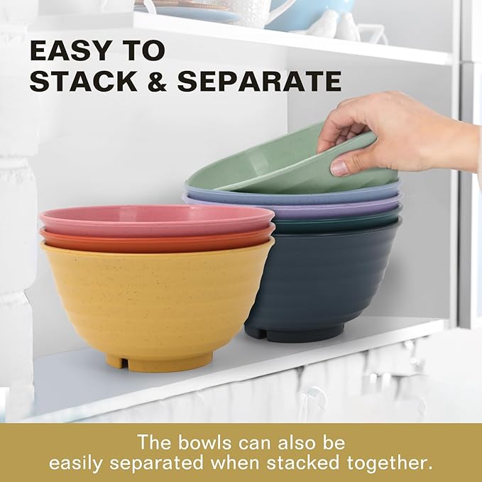 Wheat Straw Bowls, 34 Oz Large Microwave Dishwasher Safe Plastic Cereal Soup Bowls Sets of 8 Reusable, Unbreakable Deep BPA-Free for Ramen Salad Noodle, Multicolor