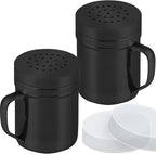 CUSINIUM 6oz Black Stainless Steel Salt Pepper Dredge Shakers - With Plastic Cap - With Handle - Pack of 2