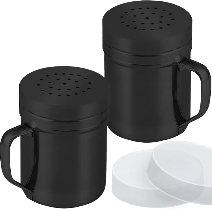 CUSINIUM 6oz Black Stainless Steel Salt Pepper Dredge Shakers - With Plastic Cap - With Handle - Pack of 2
