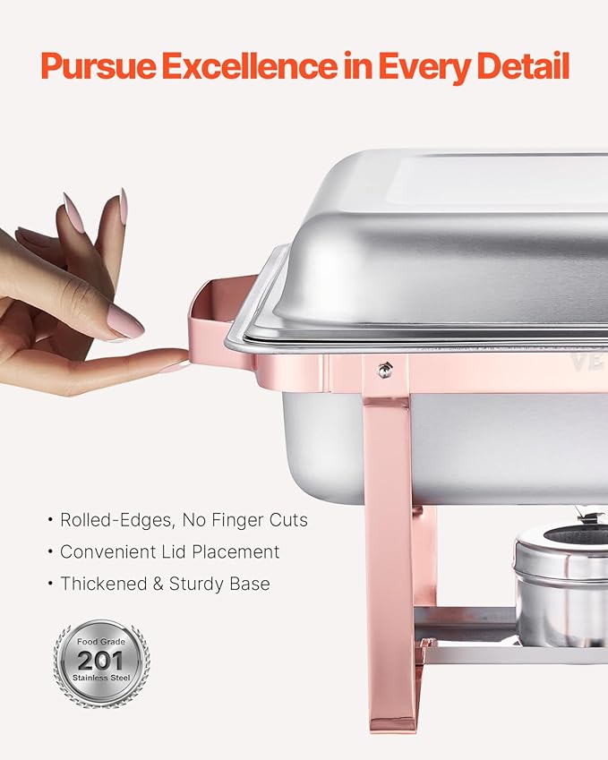 VEVOR Chafing Dish Buffet Set, 8 Qt 2 Pack, Stainless Steel Chafer with 2 Full Size Pans, Rectangle Catering Warmer Server with Lid Water Pan Stand Fuel Holder, for Wedding Party Banquet, Rose Gold