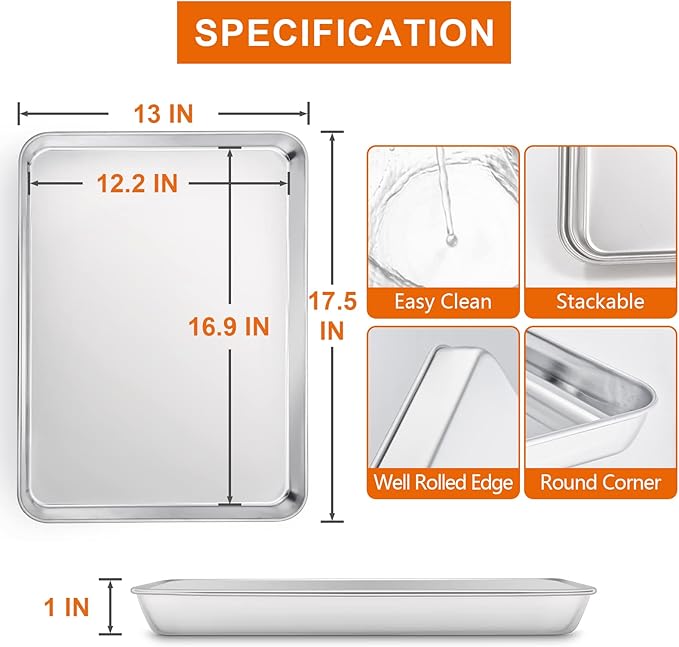 Large Baking Sheet, E-far 18”x13” Stainless Steel Cookie Sheet Pan for Oven with 50 Parchment Paper, Rectangle Metal Baking Tray for Roasting, Rust Free & Heavy Duty, Dishwasher Safe-2 Pack