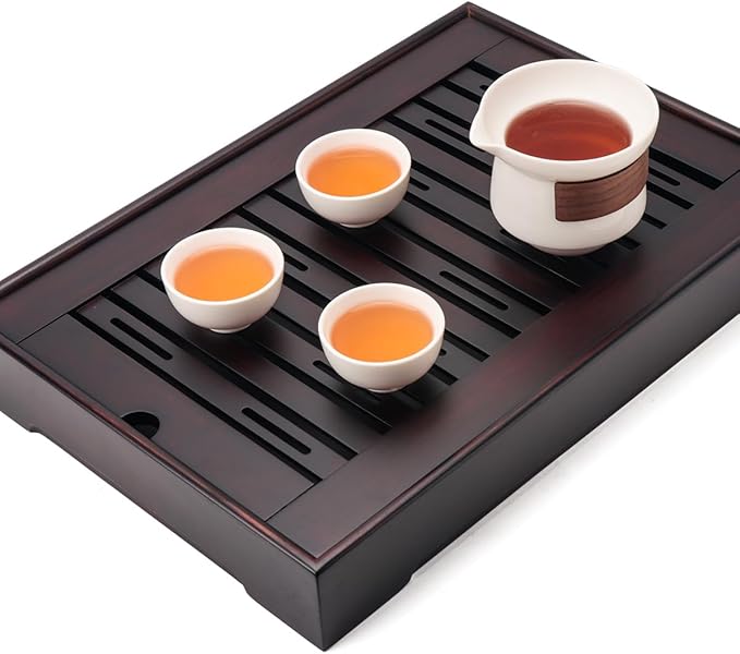 XL Size Bamboo Chinese Tea Tray - 15.6 x 10.9 inch Japanese Tea Serving Tray, Gongfu Tea Table Set with Reservoir Type Water Storage Box Kong Fu Tea Tray