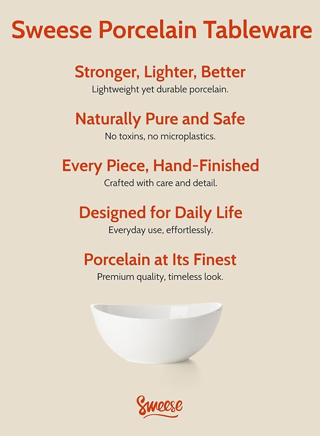 Sweese 7 Inch Porcelain 28 oz Bowls Set of 6, for Soup | Cereal | Pasta | Salad | Ramen | - Microwave, Dishwasher, and Oven Safe - White