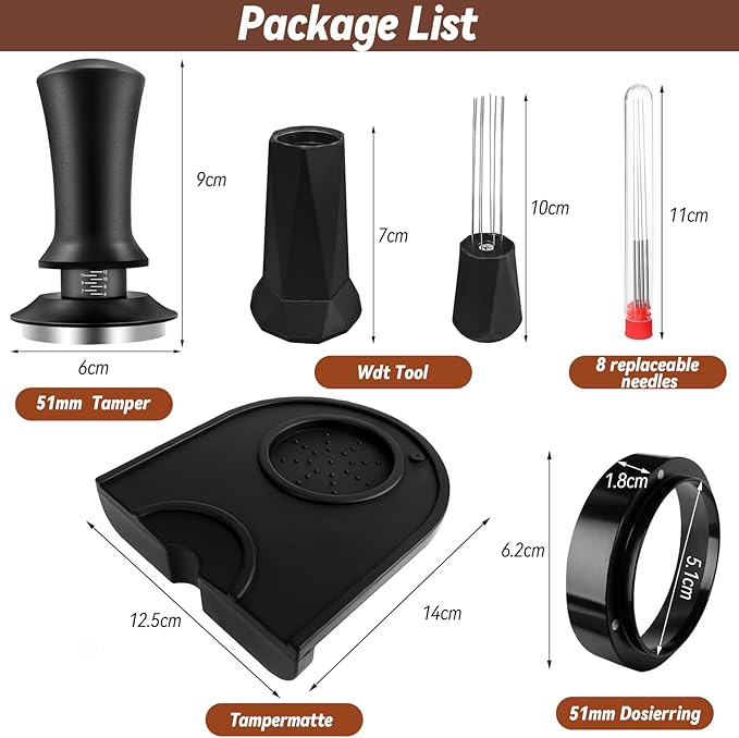 51mm Espresso Accessories Kit, Espresso Tamper Set, 51mm Spring Loaded Calibrated Tamper with WDT Tool, Espresso Dosing Funnel, Tamper Mat, Espresso Machine Accessories Kit for Barista