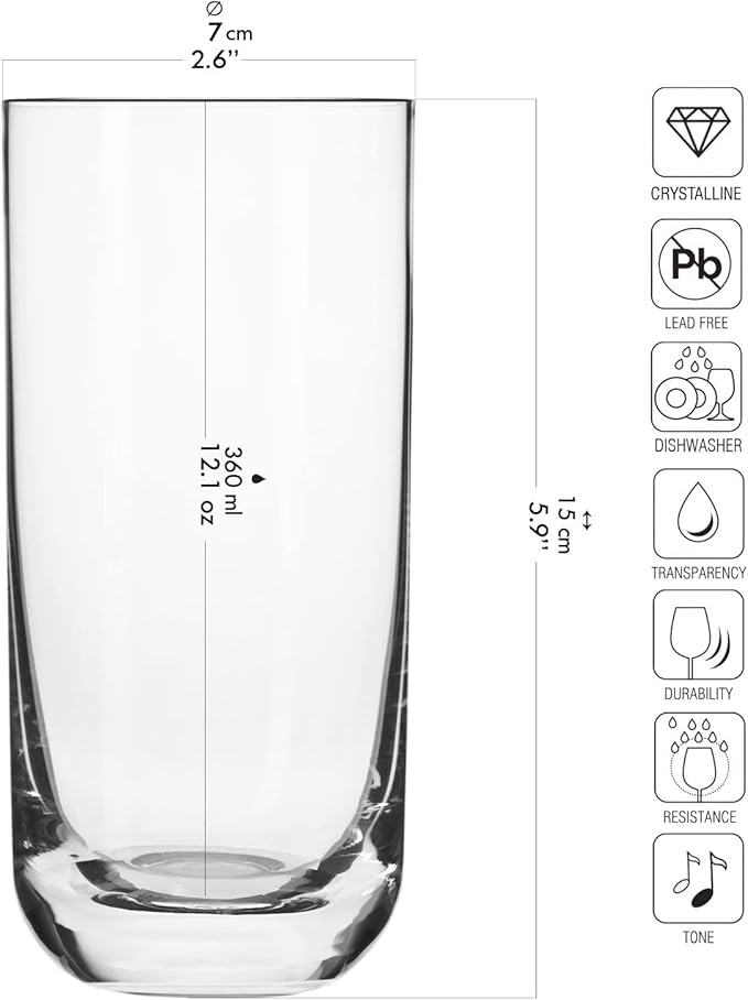 Krosno Long Tall Water Juice Mojito Drinking Glasses, Set of 6 Highball Glasses, 12.1 oz, Glamour Collection, Lead-Free Crystal Glass Drinking Glasses, Water Glasses, Made in Europe
