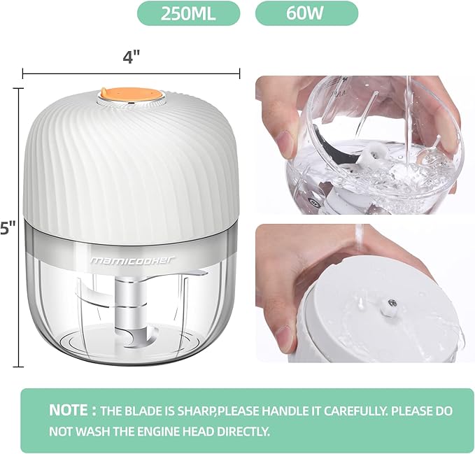 Electric Garlic Chopper, Mini Portable Veggie Chopper, 250ML Garlic Grinder Masher Onion Chopper, Blender to Vegetable, Wireless Food Processor for Ginger, Chili, Fruit, Meat, etc