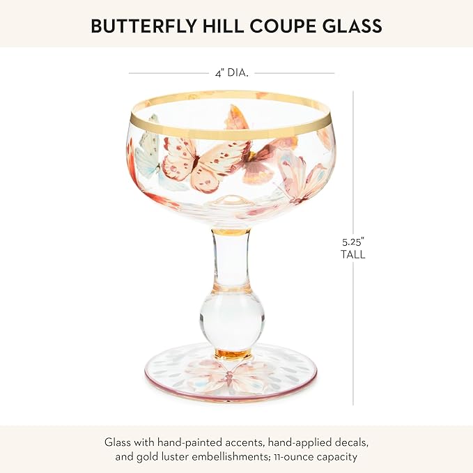 MACKENZIE-CHILDS Coupe Glass, Decorative Stemmed Cocktail Glass, 11 Ounces, Butterfly Hill