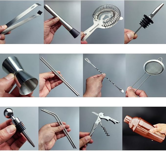 Cocktail Shaker Set Bartender Kit with Stand - 16 Piece Bar Tool Set Drink Mixer Set Includes : Shakers, Jigger, Strainer, Mixer Spoon, Muddler, Liquor Pourers, Straw (Rose Gold)