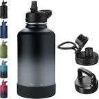 64oz Insulated Water Bottle with Straw, Half Gallon Stainless Steel Vacuum Water Jug, Large Thermal Water Bottle Flask with Leakproof 3 Lids for Travel, Camping, Gym Sports Black Gray