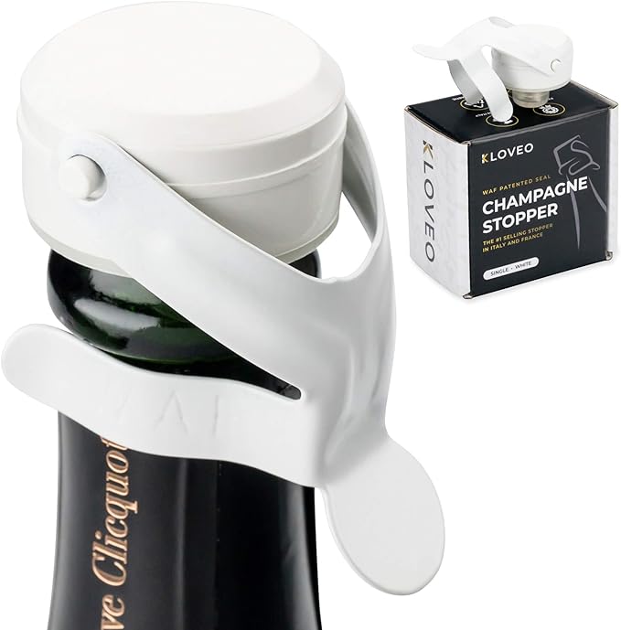 KLOVEO White Champagne Stopper - Made in Italy - Patented Seal - Durable Plastic WAF Bottle Stopper for Sparkling Wine, Prosecco, Cava
