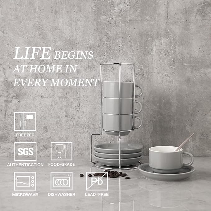 Sweejar Porcelain Espresso Cups with Saucers, 4 Ounce Stackable Cappuccino Cups with Metal Stand for Coffee Drinks, Latte, Tea - Set of 4 (Gray)