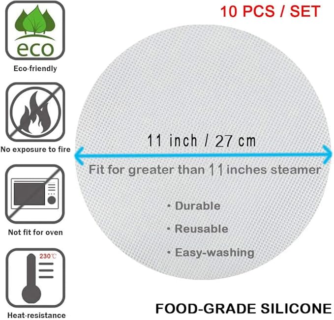 LadayPoa 10Pcs 11 inch Reusable Round Silicone Steamer Liners Non-stick Silicone Steamer Mesh Mat Pad Dim Sum Mesh for Home Kitchen or Restaurant