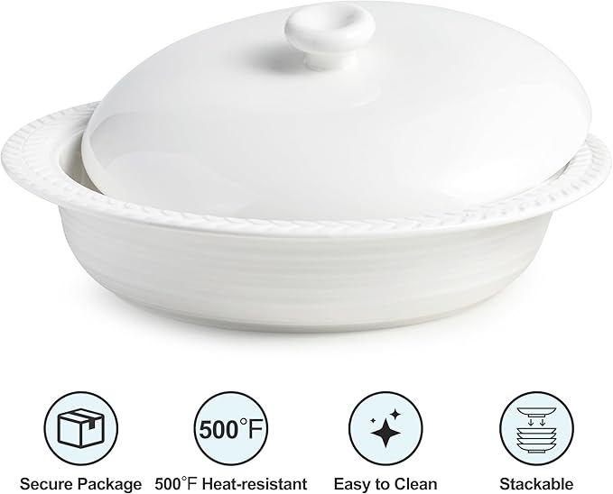 Deep Dish Pie Pan with Lid, 11 inch Ceramic Pie Dish, Round Baking Dish for Apple, Quiche, Pot Pies, Tart, etc, Microwave, Dishwasher, and Oven Safe