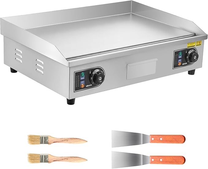 VEVOR Commercial Electric Griddle, 25.79 x 15.75 inch, 2800W, 122-570°F Adjustable Temp Control, Stainless Steel Body, Full Flat, with 2 Spatulas, 2 Brushes, and 4 Foot Pads, for Steak, Pancake