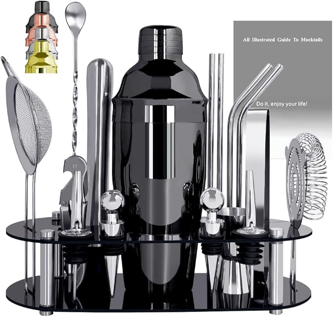 Cocktail Shaker Set Bartender Kit with Stand - 16 Piece Bar Tool Set Drink Mixer Set Includes : Shakers, Jigger, Strainer, Mixer Spoon, Muddler, Liquor Pourers, Straw (Black)