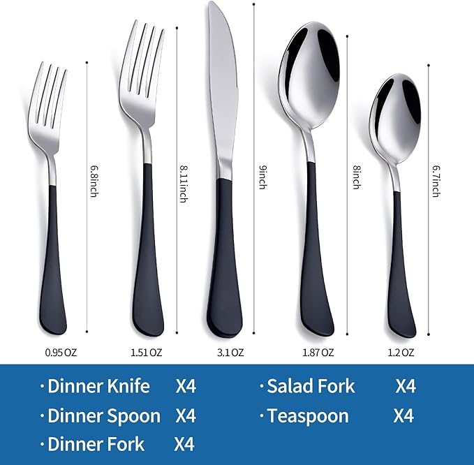 Black Silverware Set 20 Piece 18/0 Stainless Steel Flatware Black Handle Cutlery Set Service for 4 Black Forks Spoons and Knives Set unique silverware set Mirror Finish Dishwasher Safe