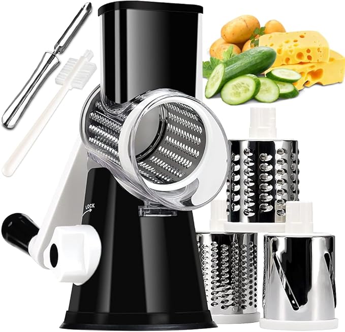 Rotary Cheese Grater with Handle Vegetable Shredder Round Kitchen Slicer Mandoline Grater for Vegetable, Nuts, Chocolate, Chesse, White, 3 Stainless Steel Blades