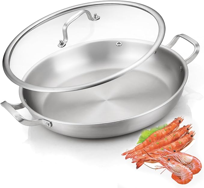 Tri-Ply 18/10 Stainless Steel Paella Pan, 13.5 Inch with Lid | 8-10 Servings, All Cooktop Compatible (Up to 550℉) | Large Stainless Steel Skillet for Outdoor Parties, Family Gatherings & Entertaining