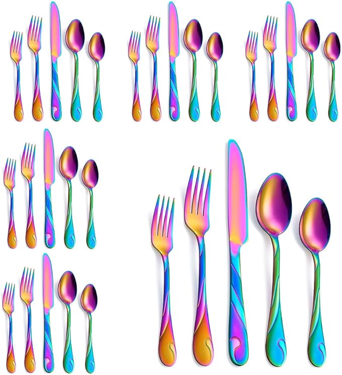 Rainbow Silverware Set for 6, 30-Piece Stainless Steel Flatware Set, Shiny Rainbow Metal Cutlery Set, Include Fork, Knife and Spoon Set, Dishwasher Safe