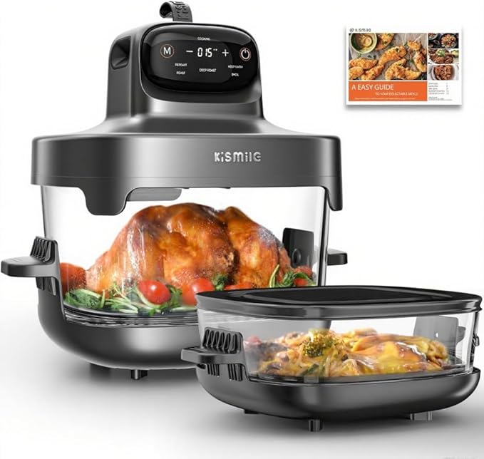 Kismile Roasti 5-in-1 Portable Glass Air Fryer, 2.6QT & 4.7QT Dual Glass Containers with Lids, Compact & Portable Design for Crispy, Roasted, and Warmed Meals – Dishwasher & Freezer Safe (Dark Grey)