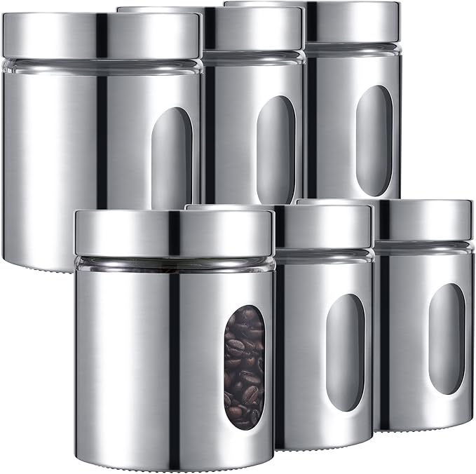 6 Pack Kitchen Canisters Set Airtight Coffee Sugar Tea Candy Storage Jars with Window Glass Stainless Steel Containers with Lids for Flour Cookies Spices Grains Kitchen Decorations(20 oz)