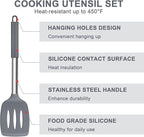 E-far Silicone Cooking Utensils Set, 7 Pcs Heat Resistant Kitchen Utensils with Stainless Steel Handle, Slotted Turner, Spoon, Soup Ladle, Pasta Server, Skimmer, Tongs for Nonstick Cookware, Gray