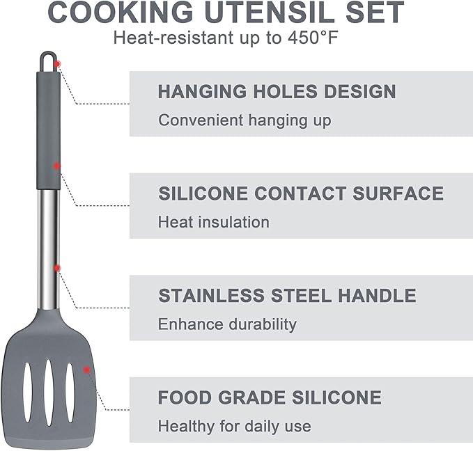 E-far Silicone Cooking Utensils Set, 7 Pcs Heat Resistant Kitchen Utensils with Stainless Steel Handle, Slotted Turner, Spoon, Soup Ladle, Pasta Server, Skimmer, Tongs for Nonstick Cookware, Gray