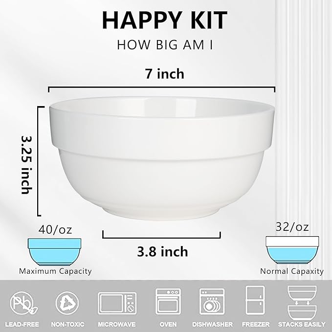 HAPPY KIT Large Serving Bowls 7 Inch 40 Ounces Soup Bowls,White Ceramic Salad Bowl Set of 3 for Kitchen,Pasta Bowls, Pho, Noodle, Cereal - Dishwasher & Microwave Safe