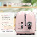 Toaster 2 slice,Retro Stainless Steel Toaster with 6 Settings, 1.5 In Extra Wide Slots, Bagel/Defrost/Cancel Function, Removable Crumb Tray (Baby pink)
