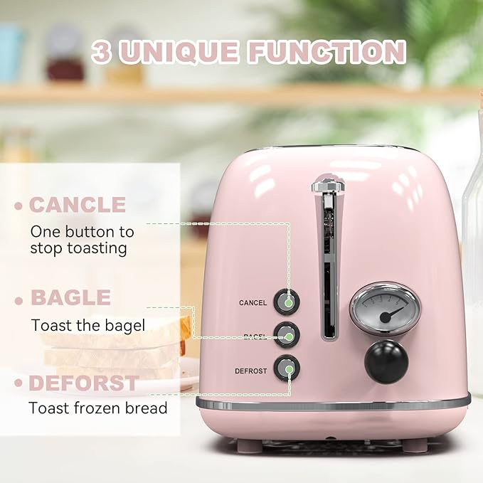 Toaster 2 slice,Retro Stainless Steel Toaster with 6 Settings, 1.5 In Extra Wide Slots, Bagel/Defrost/Cancel Function, Removable Crumb Tray (Baby pink)