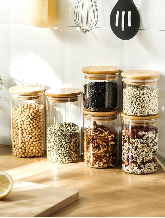 17oz Glass Food Storage Jars, Glass Jars with Bamboo Lids, Kitchen Storage Jars, Set of 12, Canisters with Airtight Lids for Spice, Coffee, Cookie, Pantry Organizers