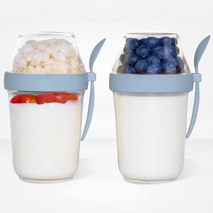 Felli On the Go Yogurt Parfait Snack Cup with Lid 100% Leak Proof, Reusable Travel Container with Spoon + Fruit & Granola Holder for To Go Cereal, Overnight Oats, Chia Pudding Jar (2, Blue Moon)