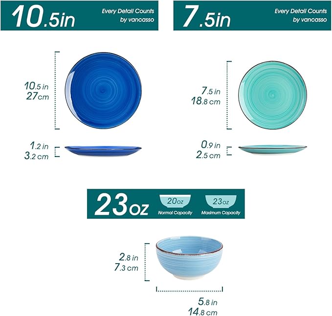 vancasso Bonita Dinnerware Set Blue Stoneware 18 Pieces Service for 6, Handpainted Spirals Pattern Stoneware Plates and Bowls Set