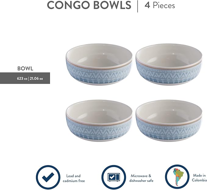 Corona 4 bowls Set | Congo 21oz | 4 Pieces | Ceramic | Ethnic design | Set 4 Bowls | Cerámica