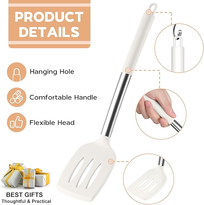 Silicone Kitchen Utensils Set, 15pcs White Silicone Cooking Utensils Set with Holder, Includes Heat Resistant Spatula Turner Spoon Whisk Tong
