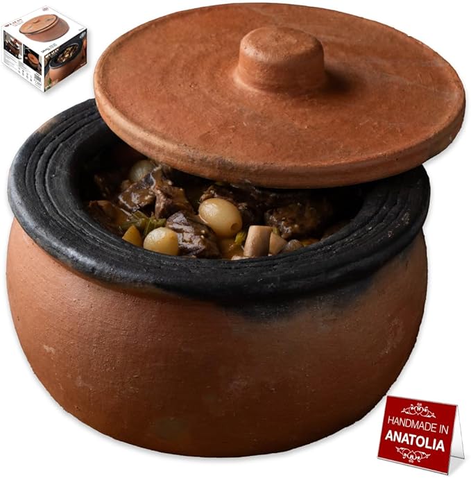 Hakan Efes Clay Cooking Pots with Lids, SMALL 1.9 Quarts Clay Pots for Cooking, UNGLAZED Twice Baked Traditional Casserole Rice Pots for Stove Top, Indian Korean Terracotta Roaster, 60.9 oz (1.8 L)