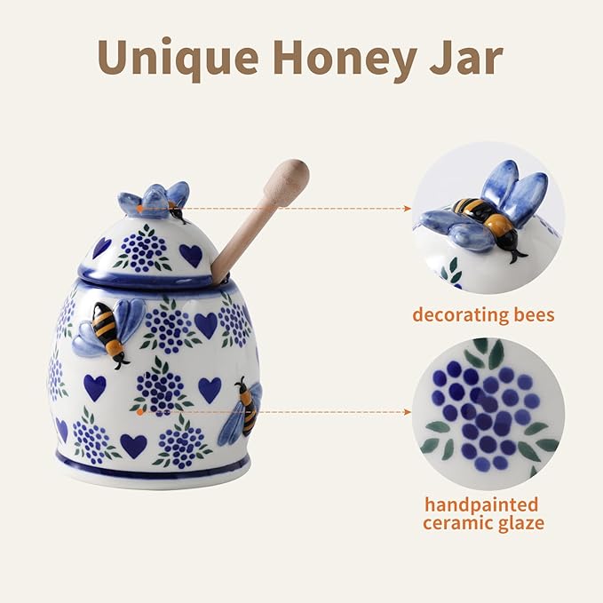 ZOOBEE Ceramic Honey Pots with Dipper and Lid Farmhouse Style,10oz Honey Jar with Dipper,Handpainted Honey Jars with Bees,Easily Wash-Deep Love
