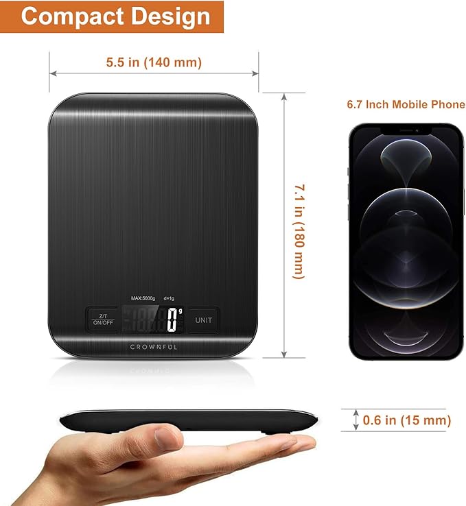 CROWNFUL Food Scale, 11 lb Digital Kitchen Scales with Built-in Coin Battery, Weight Ounces and Grams for Cooking and Baking, 6 Units with Tare Function, LCD Display, 304 Stainless Steel, Black