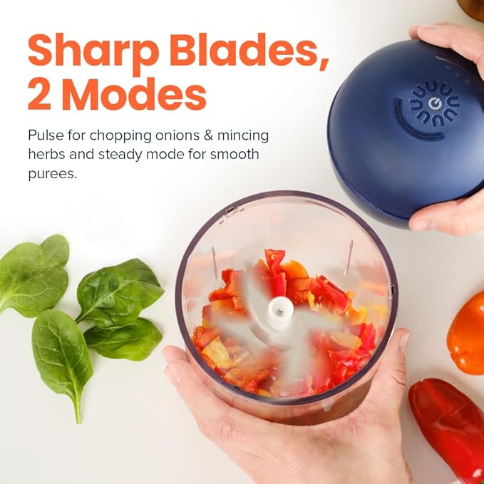 Choppi Cordless Electric Vegetable Chopper & Mini Food Processor for Dicing, Shredding, Mincing, and Puree, Portable and Rechargeable, 2-Cup, 500 mL, 4000 mAh Battery, Blue
